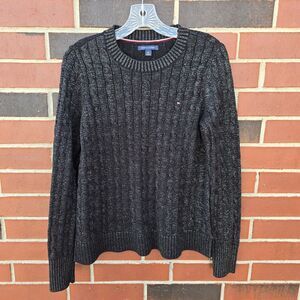 Tommy Hilfiger Women S Black Cable-Knit Pullover Sweater Crew Neck Logo Shimmer